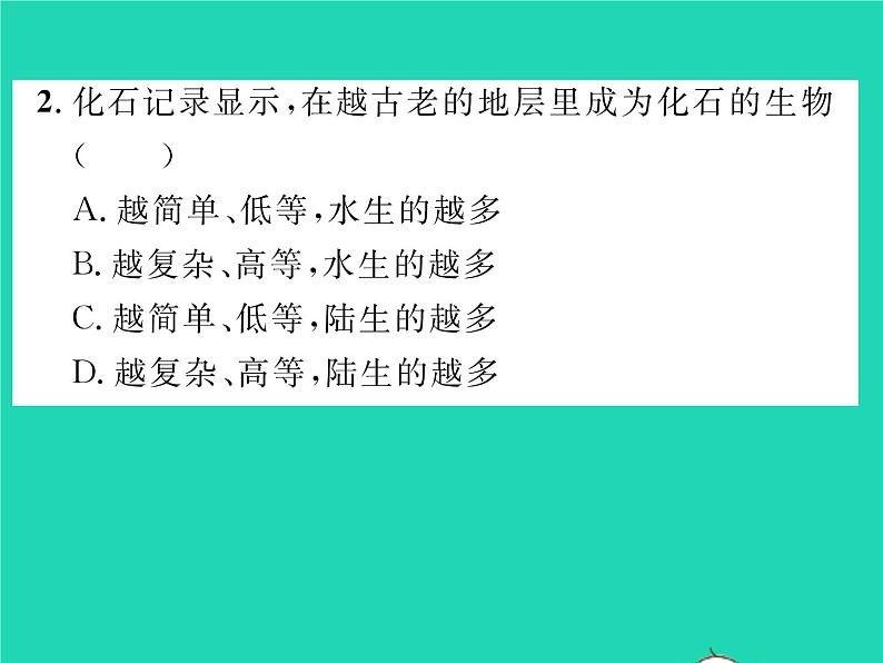 2022八年级生物下册第七单元生物圈中生命的延续和发展第三章生命起源和生物进化第二节生物进化的历程第2课时生物进化的大致历程习题课件新版新人教版05