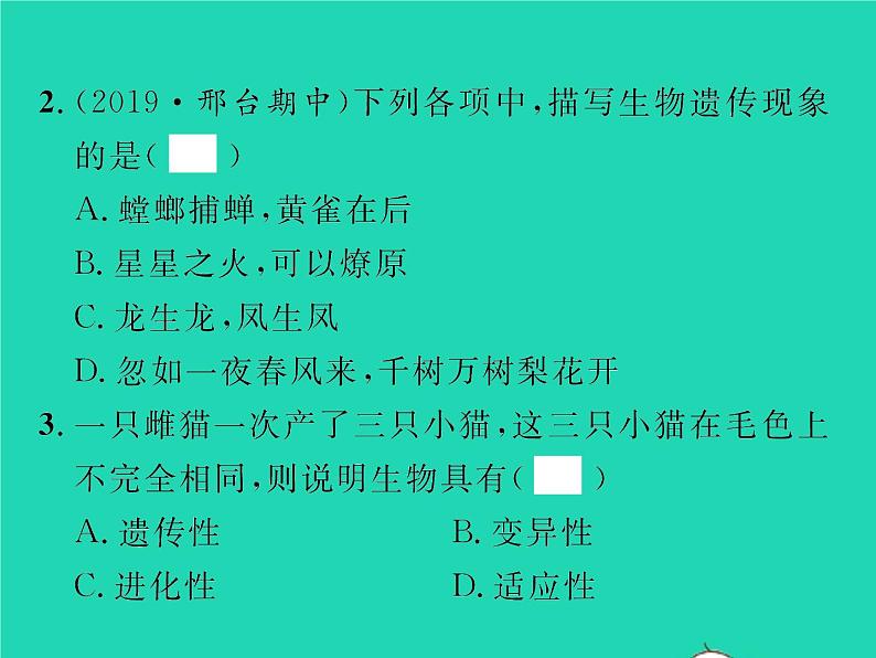 2022八年级生物下册第七单元生物圈中生命的延续和发展第二章生物的遗传与变异第一节基因控制生物的性状第1课时生物的性状习题课件新版新人教版05