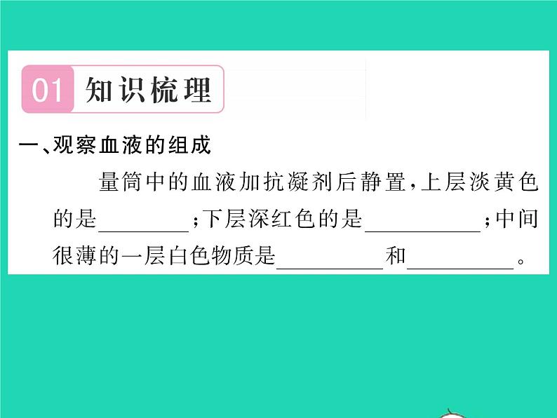 2022七年级生物下册第9章人体内的物质运输第1节血液习题课件新版北师大版02