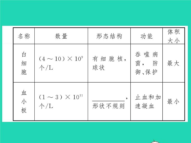 2022七年级生物下册第9章人体内的物质运输第1节血液习题课件新版北师大版05