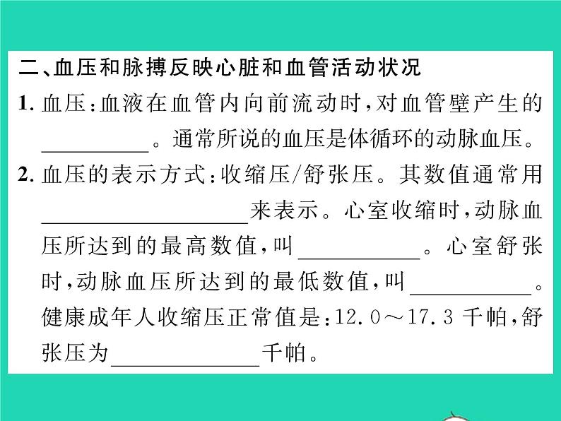 2022七年级生物下册第9章人体内的物质运输第2节血液循环第2课时血液循环与血压习题课件新版北师大版第3页