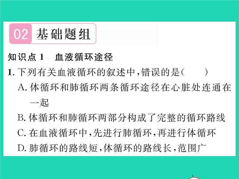 2022七年级生物下册第9章人体内的物质运输第2节血液循环第2课时血液循环与血压习题课件新版北师大版05