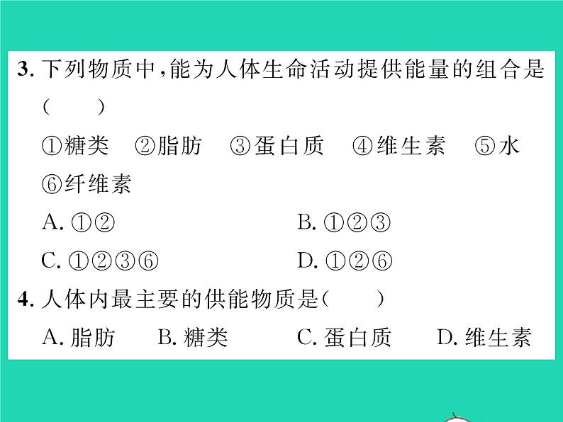 2022七年级生物下册第10章人体的能量供应第1节食物中能量的释放习题课件新版北师大版第6页