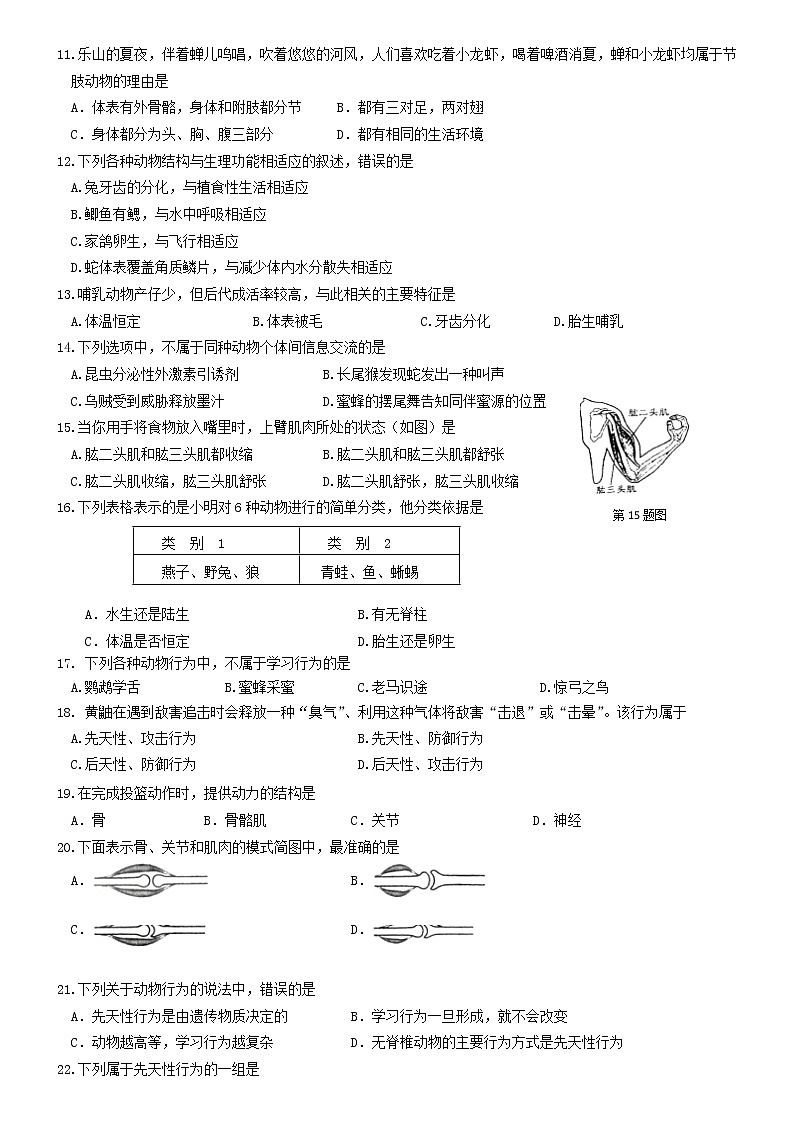 四川省乐山市市中区2022—2023学年八年级上学期期中调研考试生物试题 (含答案)02