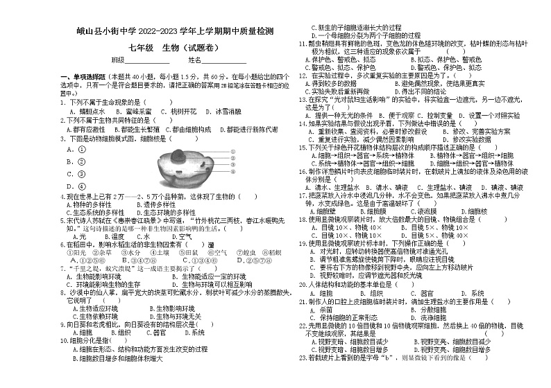 云南省玉溪市峨山县小街中学2022-2023学年七年级上学期期中考试生物试题(含答案)01