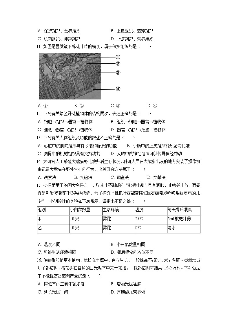 2021-2022学年北京市顺义区七年级（上）期末生物试卷(含答案解析)02