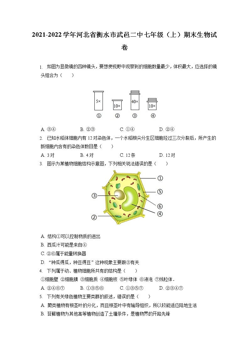 2021-2022学年河北省衡水市武邑二中七年级（上）期末生物试卷(含答案解析)第1页