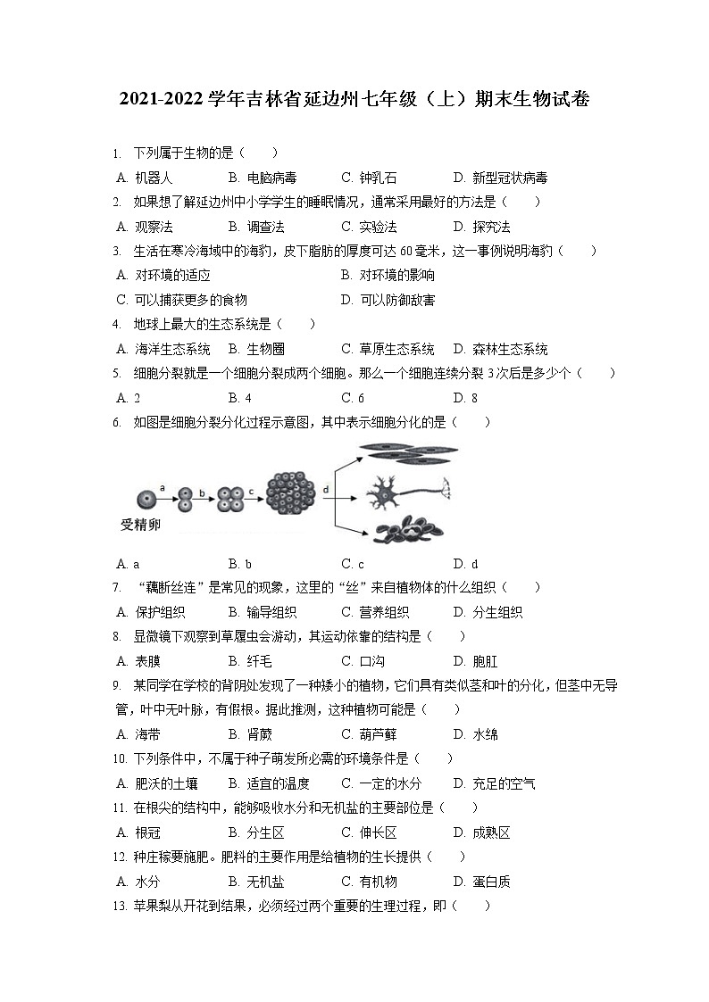 2021-2022学年吉林省延边州七年级（上）期末生物试卷(含答案解析)01