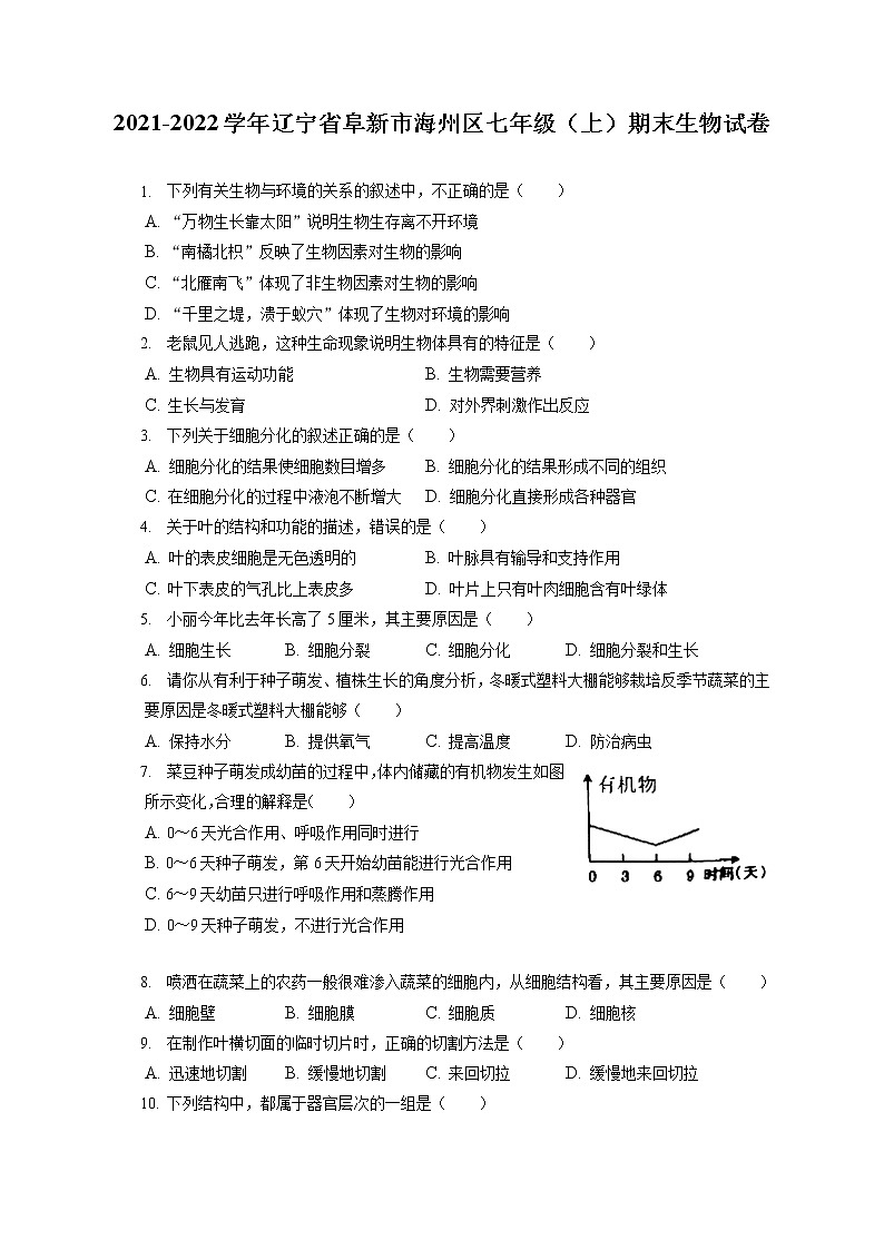 2021-2022学年辽宁省阜新市海州区七年级（上）期末生物试卷(含答案解析)01