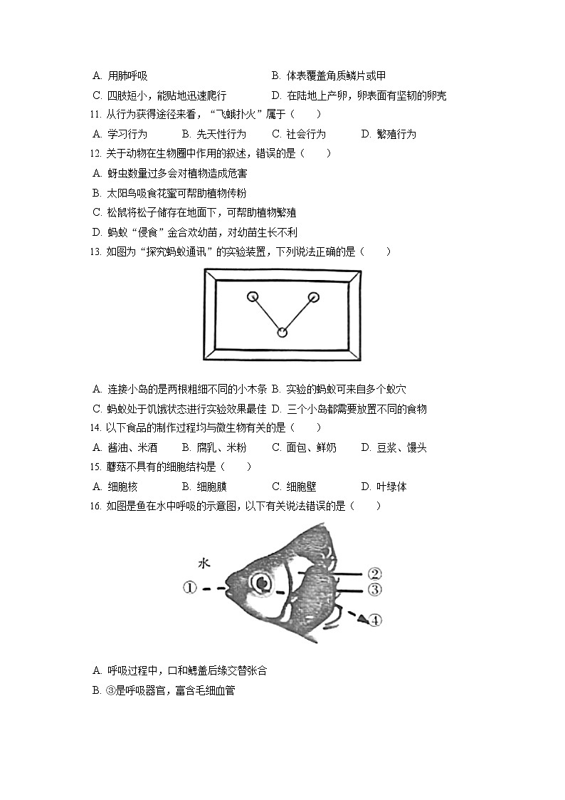 2021-2022学年福建省漳州市八年级（上）期末生物试卷（B卷）（含答案解析）02