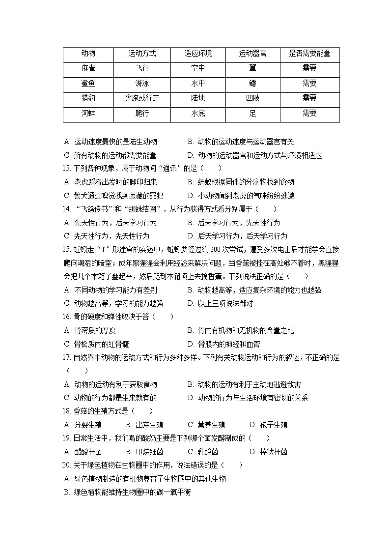 2021-2022学年河北省唐山市丰润区八年级（上）期末生物试卷（含答案解析）03