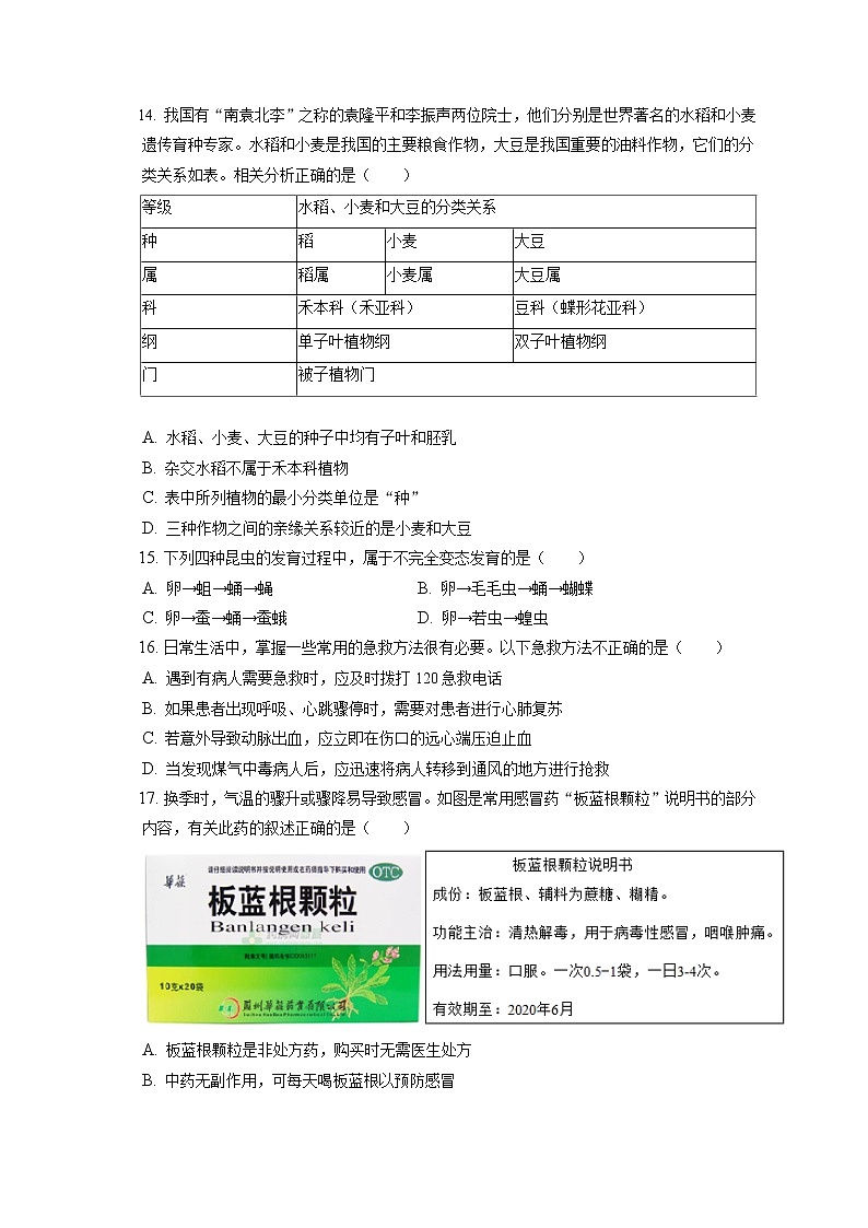 2021-2022学年吉林省长春市北师大附中八年级（上）期末生物试卷（含答案解析）第3页