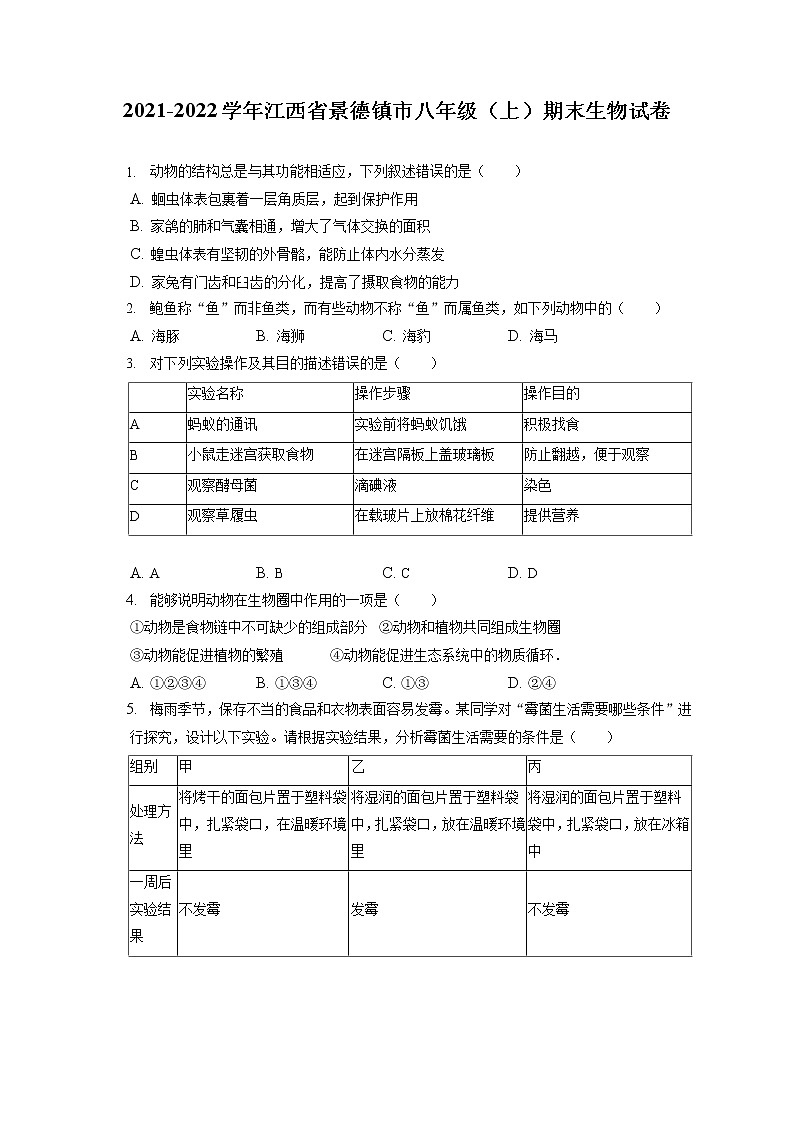 2021-2022学年江西省景德镇市八年级（上）期末生物试卷（含答案解析）第1页