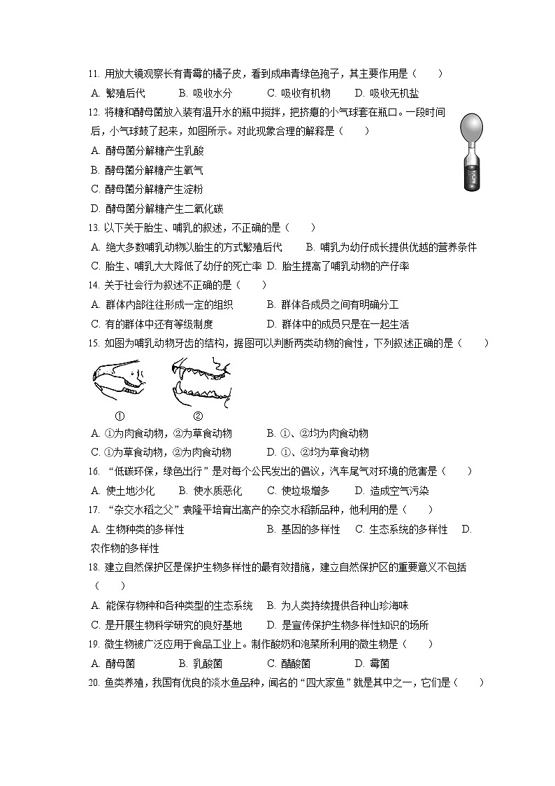 2021-2022学年天津市西青区八年级（上）期末生物试卷（含答案解析）02