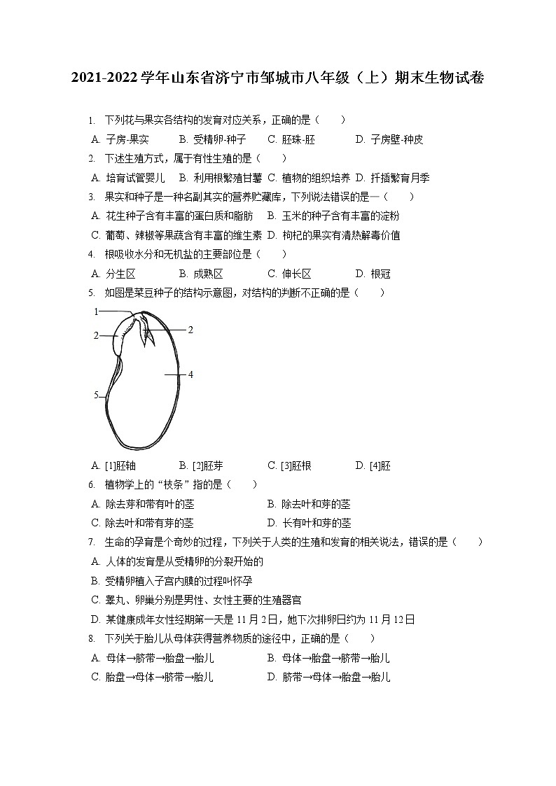 2021-2022学年山东省济宁市邹城市八年级（上）期末生物试卷（含答案解析）01