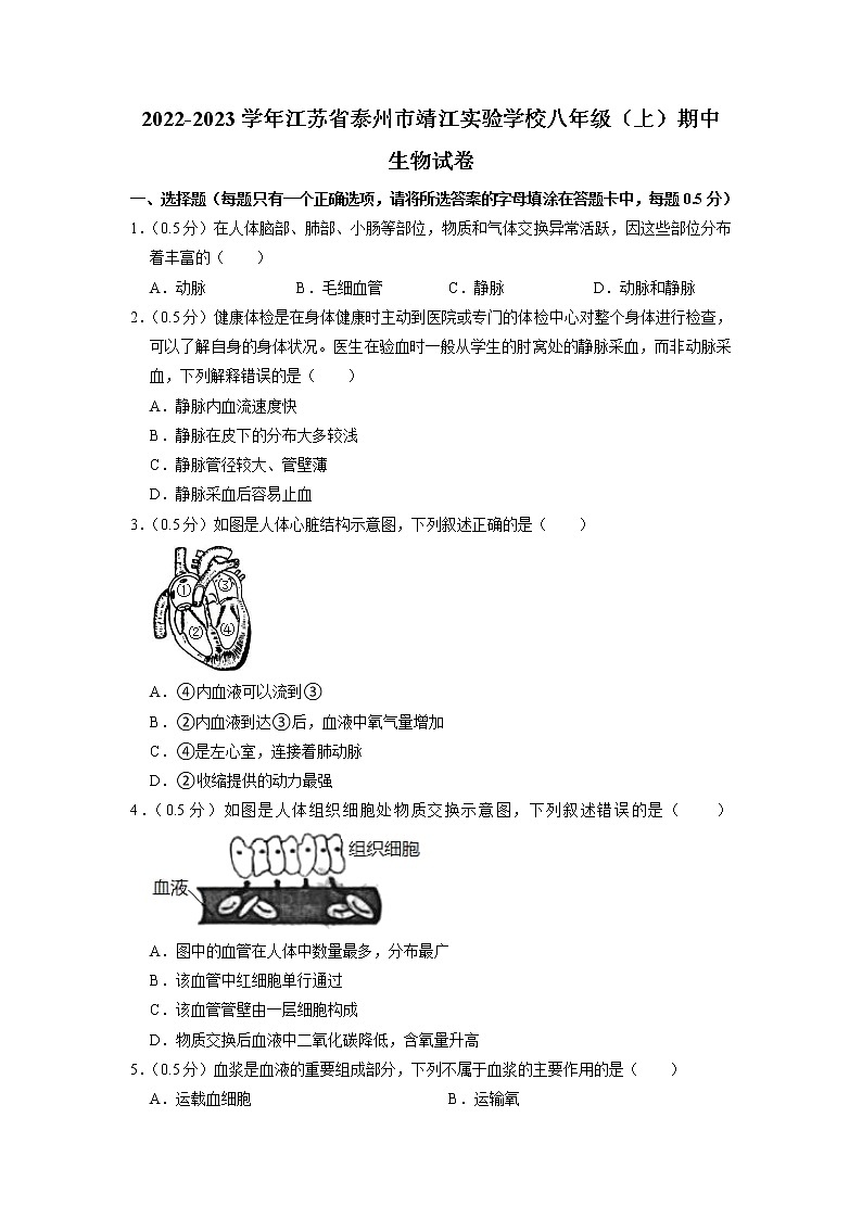 江苏省泰州市靖江实验学校2022-2023学年八年级上学期期中生物试卷第1页