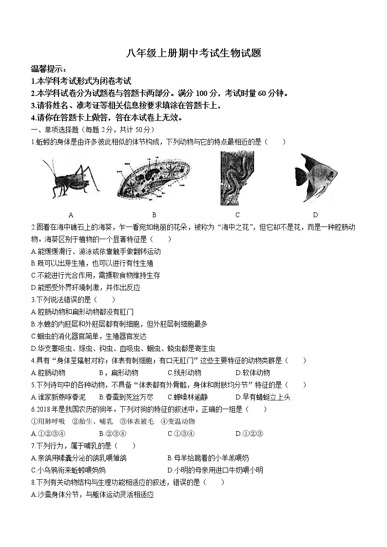 湖南省邵阳市隆回县2022-2023学年八年级上学期期中生物试题(含答案)01