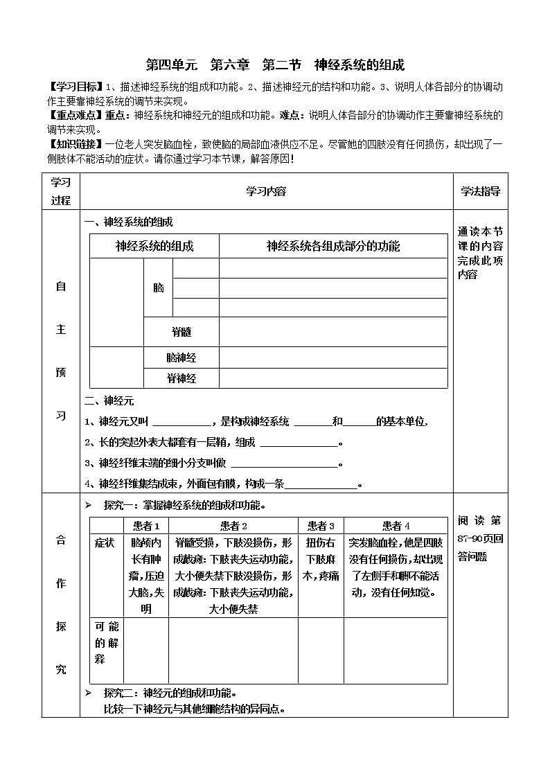 2022-2023学年度七年级第二学期生物同步课程4.6.2 神经系统的组成 导学案第1页