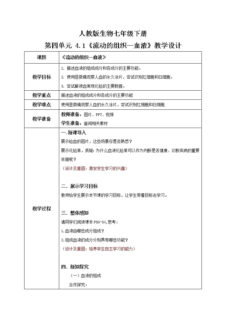 4.4.1《流动的组织—血液》课件+教案+习题01