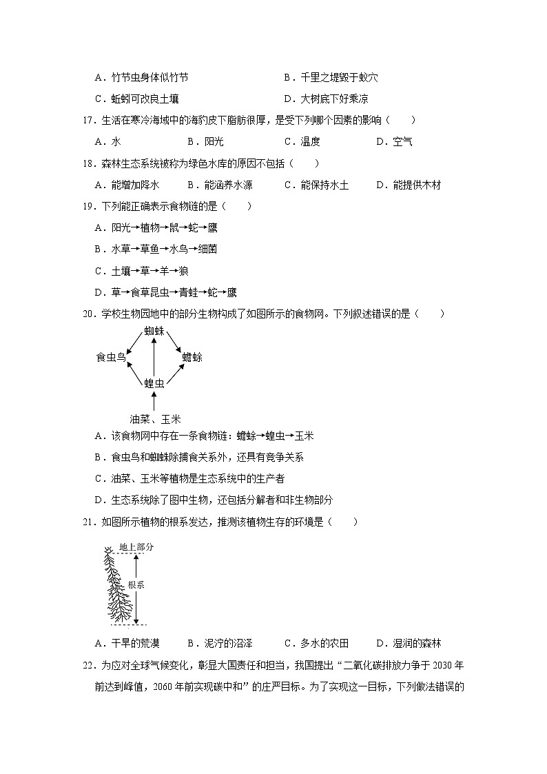 湖南省衡阳市石鼓区田家炳实验中学2022-2023学年七年级上学期期中生物试卷(含答案)第3页