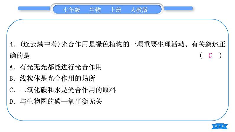 人教版七年级生物上期末复习专题(四)第三单元第三～六章习题课件05