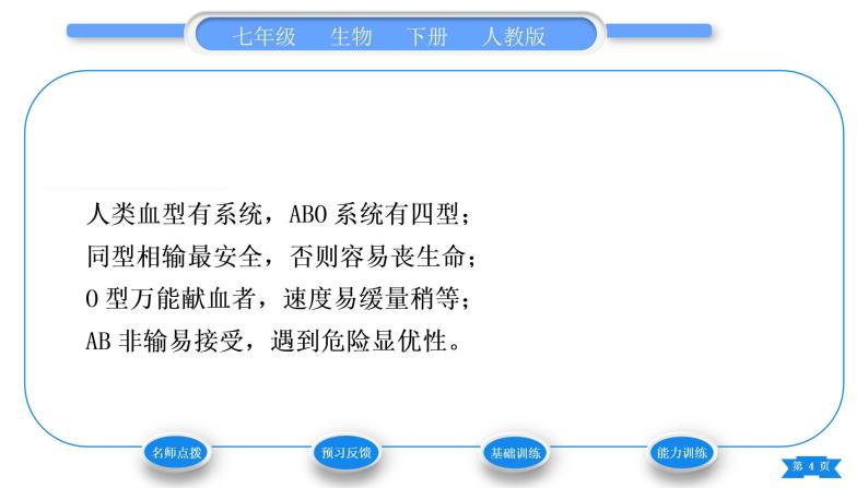 人教版七年级生物下第四单元第4章人体内物质的运输第4节输血与血型习题课件04