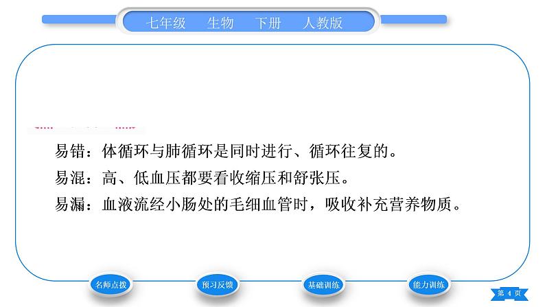人教版七年级生物下第四单元第4章人体内物质的运输第3节输送血液的泵——心脏第2课时血液循环的途径习题课件第4页