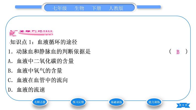 人教版七年级生物下第四单元第4章人体内物质的运输第3节输送血液的泵——心脏第2课时血液循环的途径习题课件第8页