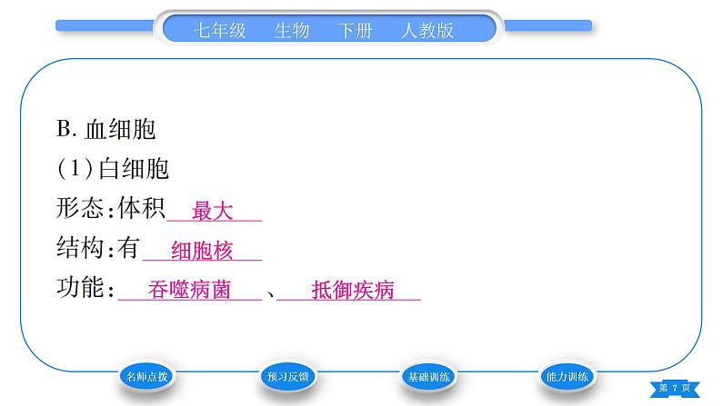 人教版七年级生物下第四单元第4章人体内物质的运输第1节流动的组织——血液习题课件第7页