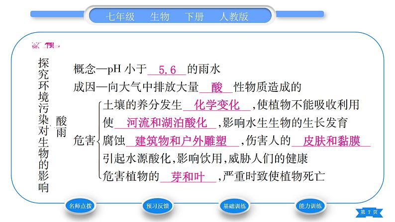 人教版七年级生物下第四单元第7章人类活动对生物圈的影响第2节探究环境污染对生物的影响习题课件第7页