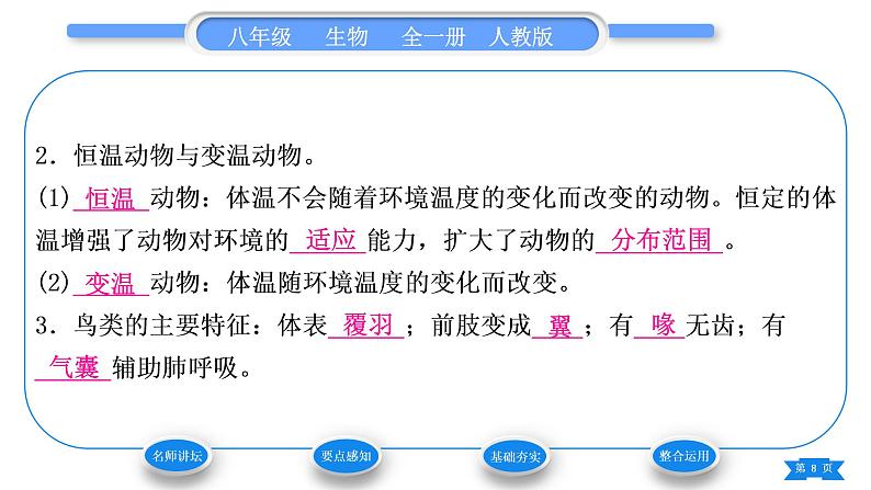 人教版八年级生物上第五单元生物圈中的其他生物第一章动物的主要类群第六节鸟习题课件08