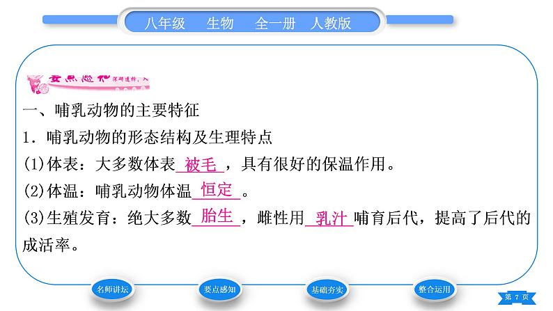 人教版八年级生物上第五单元生物圈中的其他生物第一章动物的主要类群第七节哺乳动物习题课件第7页