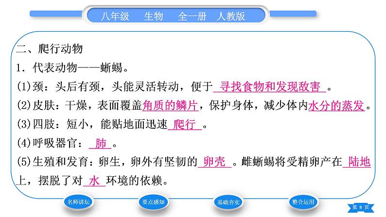 人教版八年级生物上第五单元生物圈中的其他生物第一章动物的主要类群第五节两栖动物和爬行动物习题课件08