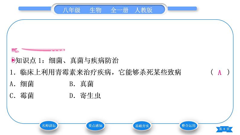 人教版八年级生物上第五单元生物圈中的其他生物第四章细菌和真菌第五节人类对细菌和真菌的利用第2课时细菌、真菌与疾病防治　清洁能源和环境保护习题课件08