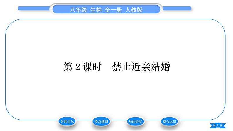 人教版八年级生物下第七单元生物圈中生命的延续和发展第二章生物的遗传与变异第三节基因的显性和隐性第2课时禁止近亲结婚习题课件01