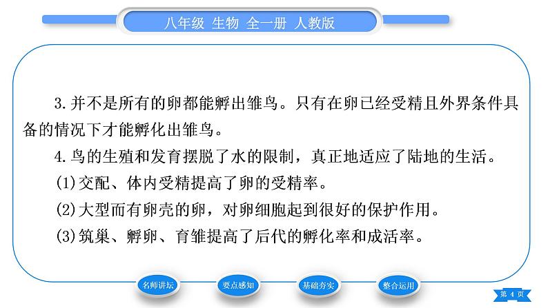 人教版八年级生物下第七单元生物圈中生命的延续和发展第一章生物的生殖和发育第四节鸟的生殖和发育习题课件第4页