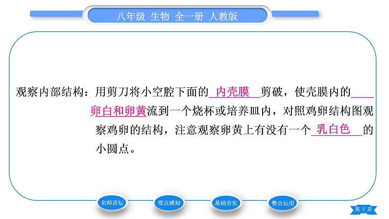 人教版八年级生物下第七单元生物圈中生命的延续和发展第一章生物的生殖和发育第四节鸟的生殖和发育习题课件第7页