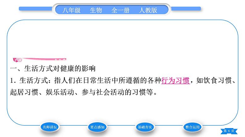 人教版八年级生物下第八单元健康地生活第三章了解自已增进健康第二节选择健康的生活方式习题课件06