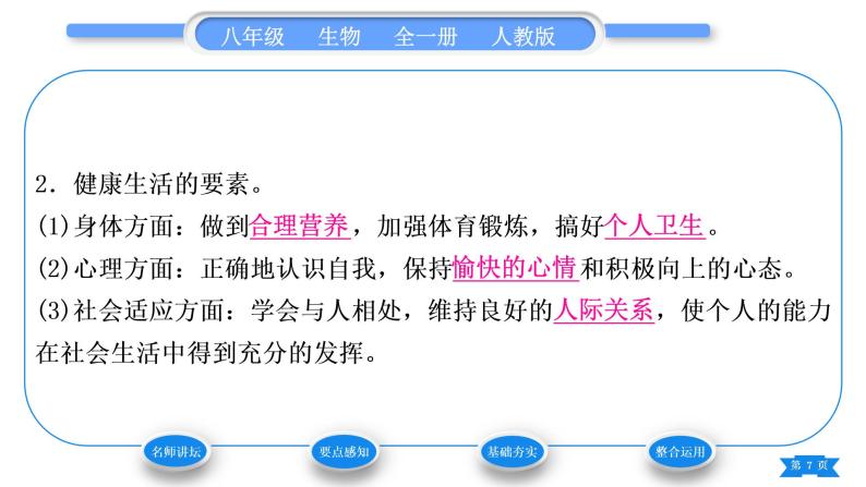 人教版八年级生物下第八单元健康地生活第三章了解自已增进健康第一节评价自己的健康状况习题课件07