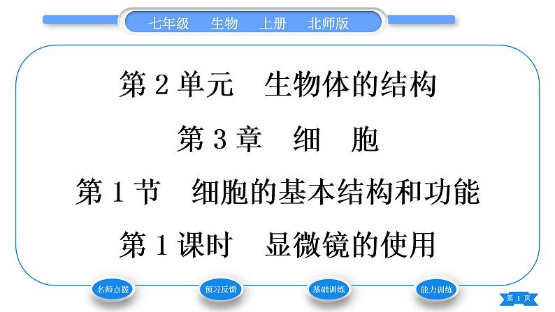 北师大版七年级生物上第2单元生物体的结构第3章细胞第1节细胞的基本结构和功能第1课时显微镜的使用习题课件01