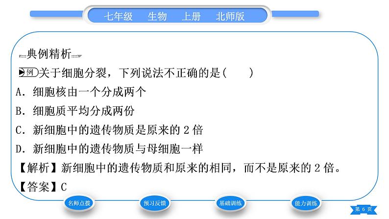 北师大版七年级生物上第2单元生物体的结构第3章细胞第3节细胞通过分裂而增殖习题课件06