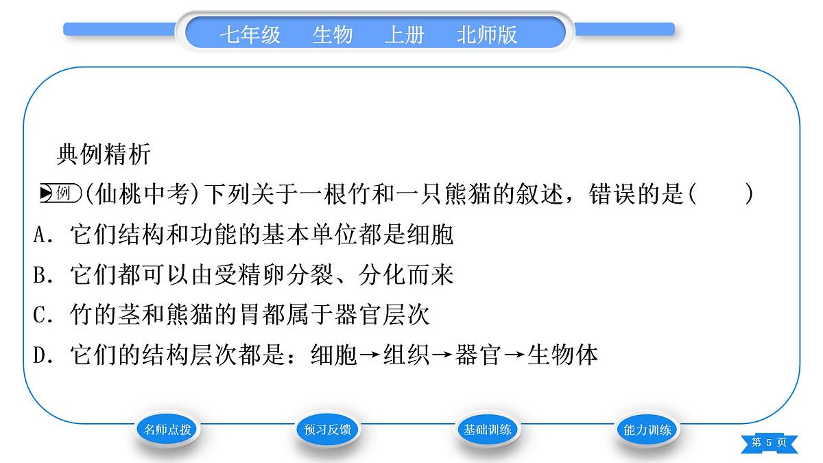 北师大版七年级生物上第2单元生物体的结构第4章生物体的结构层次第2节生物体的器官、系统习题课件第5页