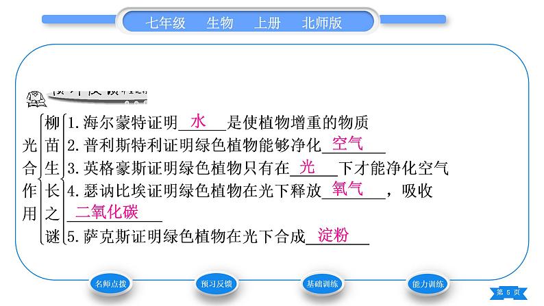 北师大版七年级生物上第3单元生物圈中的绿色植物第5章绿色开花植物的生活方式第1课时柳苗生长之谜和探索光合作用习题课件05