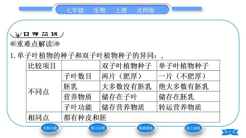 北师大版七年级生物上第3单元生物圈中的绿色植物第6章绿色开花植物的生活史第1节种子萌发形成幼苗第1课时种子的结构和功能习题课件02