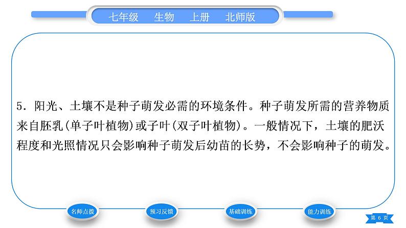北师大版七年级生物上第3单元生物圈中的绿色植物第6章绿色开花植物的生活史第1节种子萌发形成幼苗第2课时种子萌发的条件习题课件第6页