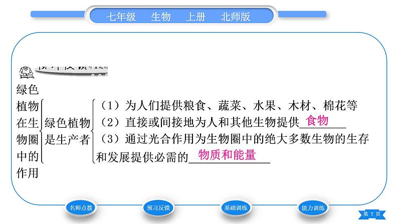 北师大版七年级生物上第3单元生物圈中的绿色植物第7章绿色植物与生物圈第1节绿色植物在生物圈中的作用习题课件07