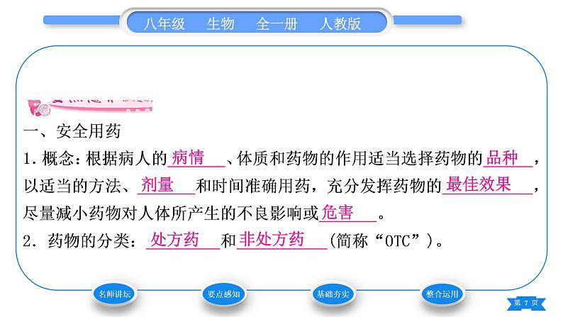 人教版八年级生物下第八单元健康地生活第二章用药与急救习题课件第7页