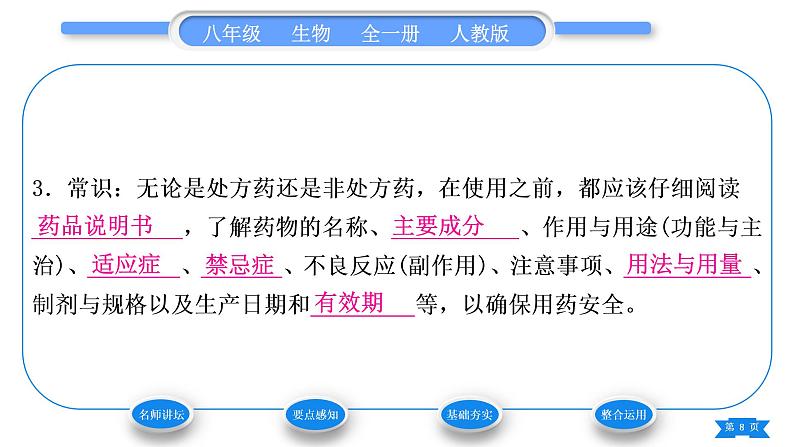 人教版八年级生物下第八单元健康地生活第二章用药与急救习题课件第8页