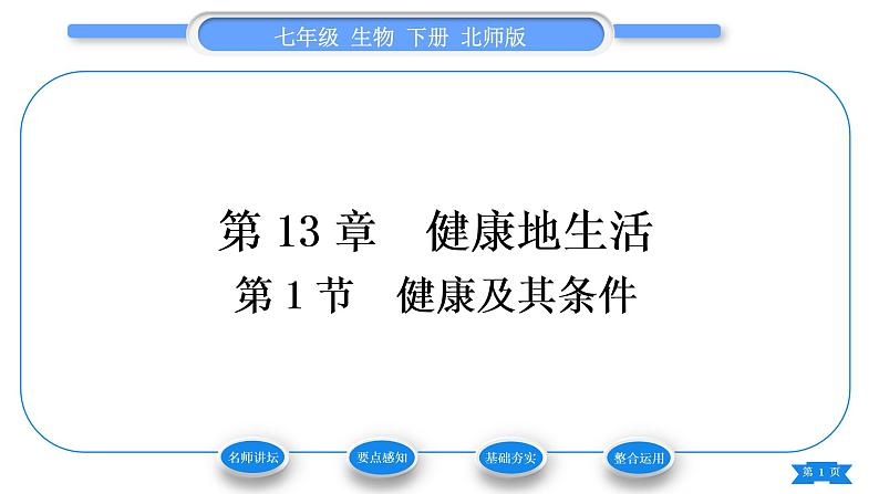 北师大版七年级生物下第4单元生物圈中的人第13章健康地生活第1节健康及其条件习题课件第1页