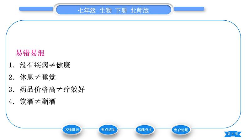 北师大版七年级生物下第4单元生物圈中的人第13章健康地生活第1节健康及其条件习题课件第5页